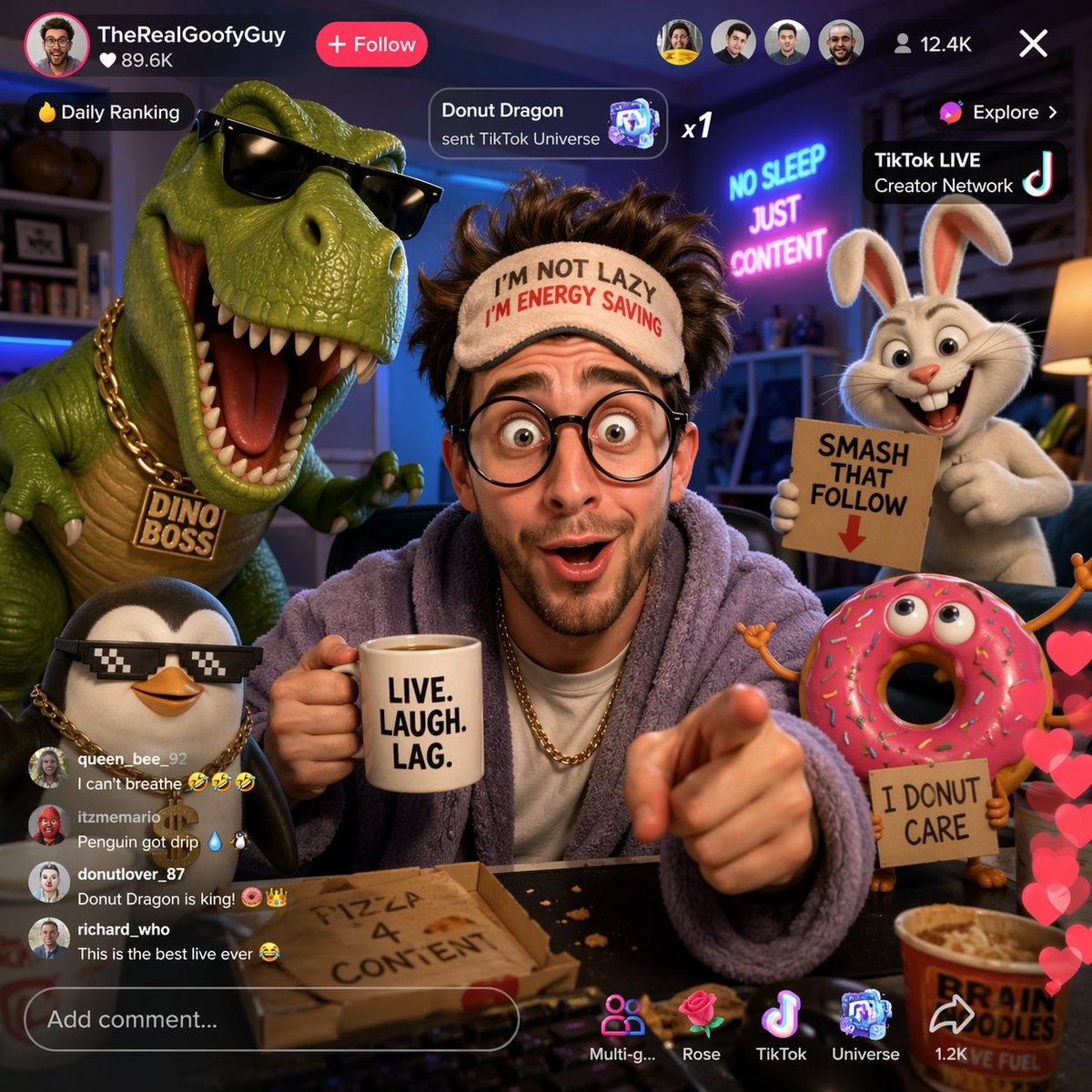 有趣的 TikTok 直播,配有卡通角色