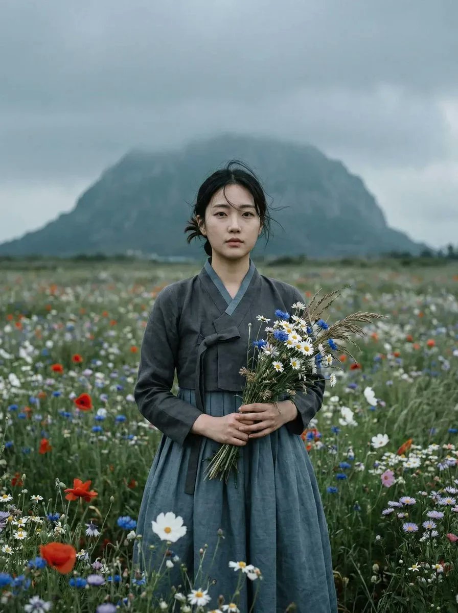 野花草甸中的传统韩服肖像