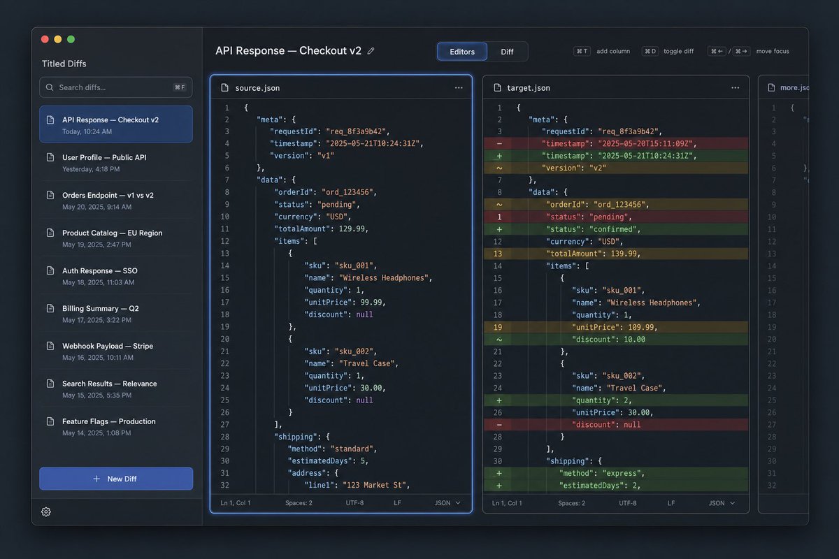 深色 JSON Diff 工具 UI 原型