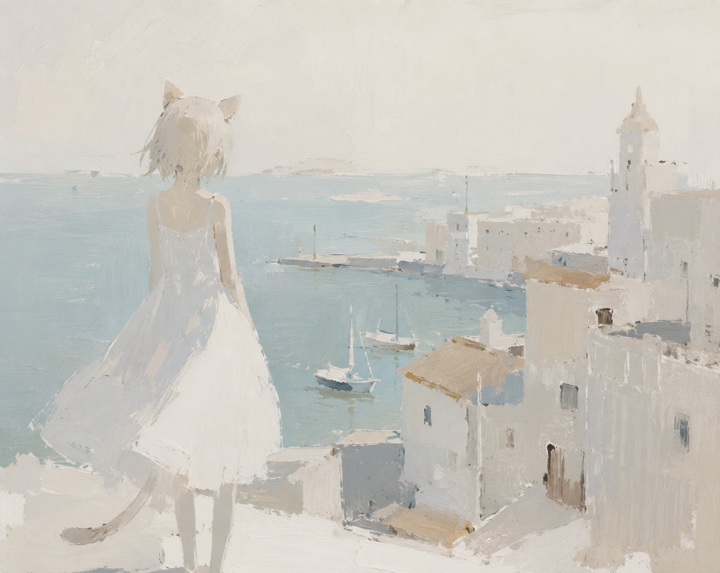 极简猫耳少女海边画作