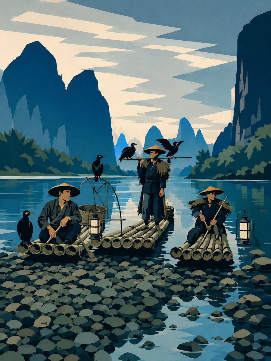 极简主义鸬鹚捕鱼海报