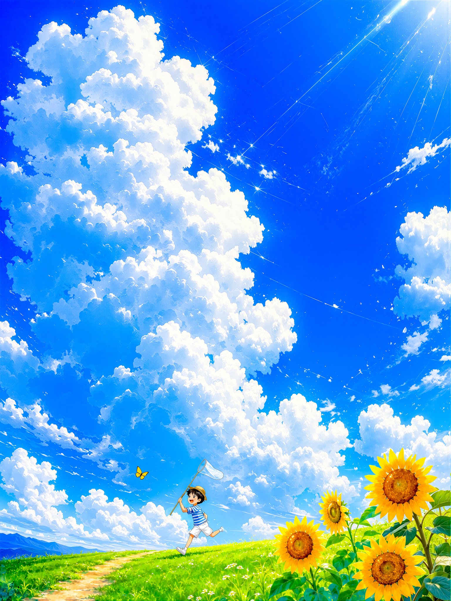 夏日天空下追逐蝴蝶的男孩