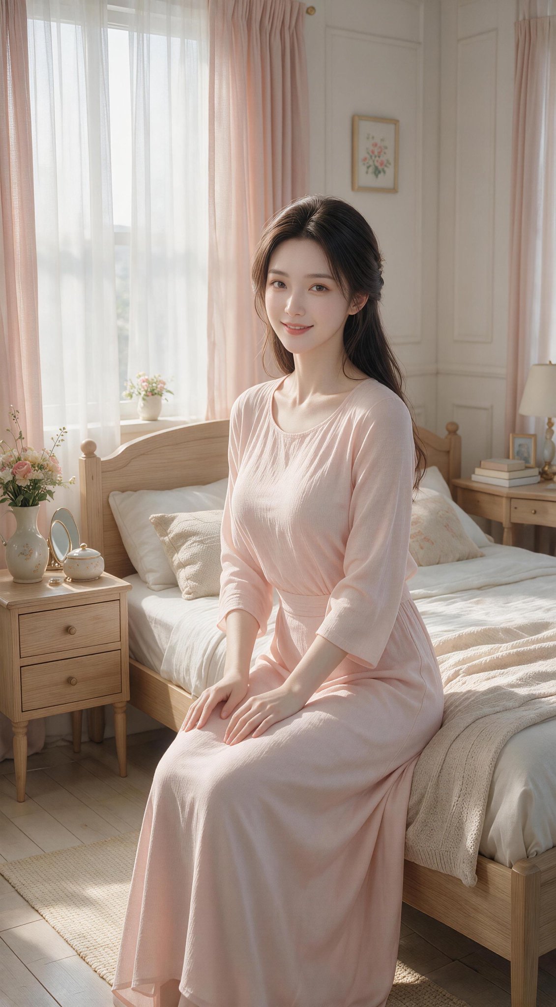 柔和色调卧室中的 3D 女性肖像