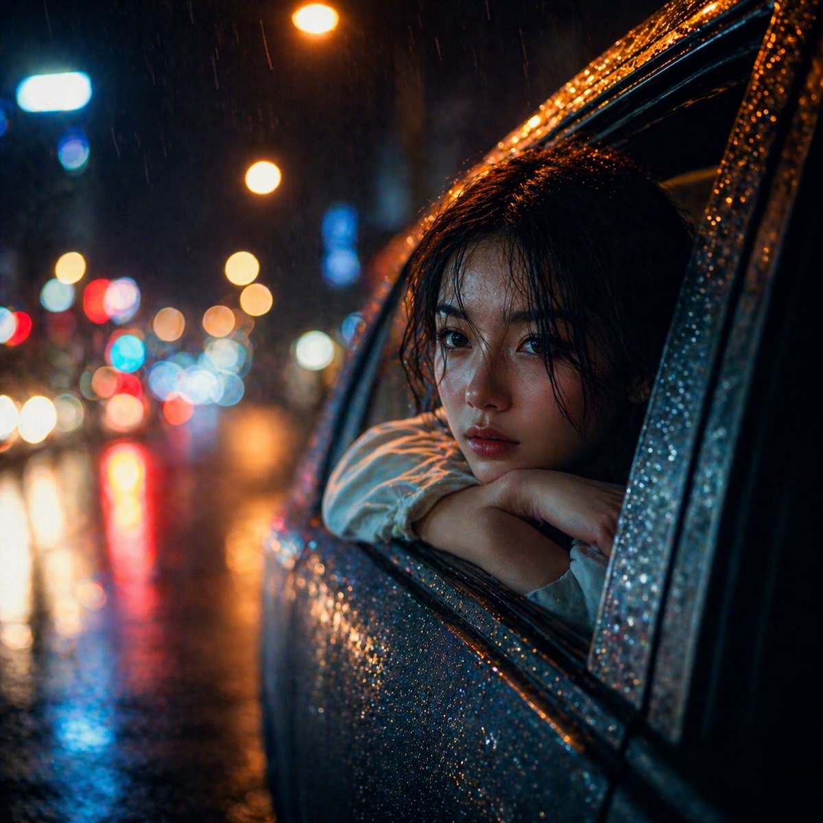 雨夜中倚靠在车窗旁的女子