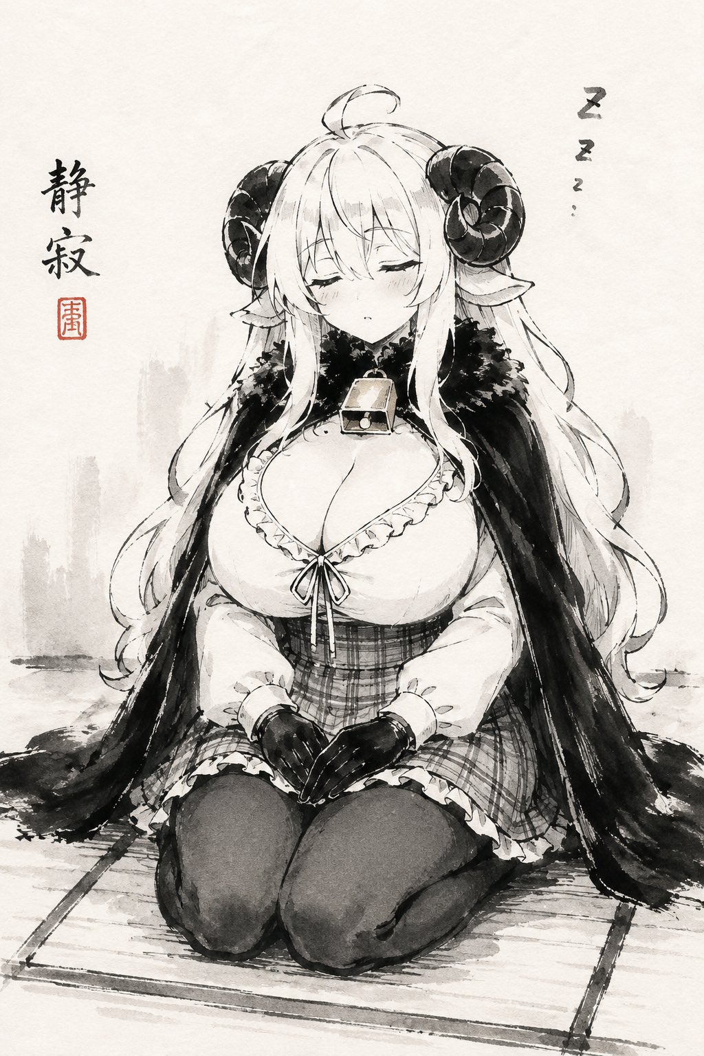 沉睡羊角少女水墨画