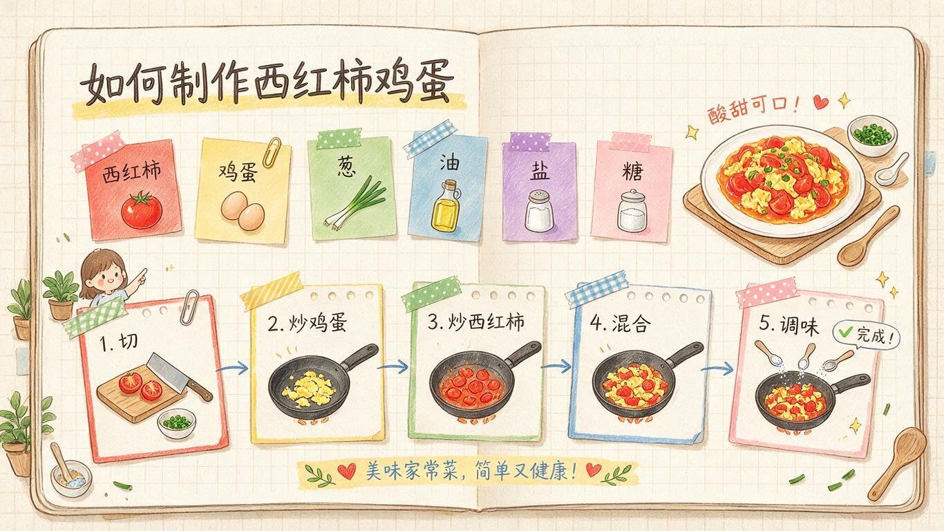手绘风西红柿炒鸡蛋食谱信息图