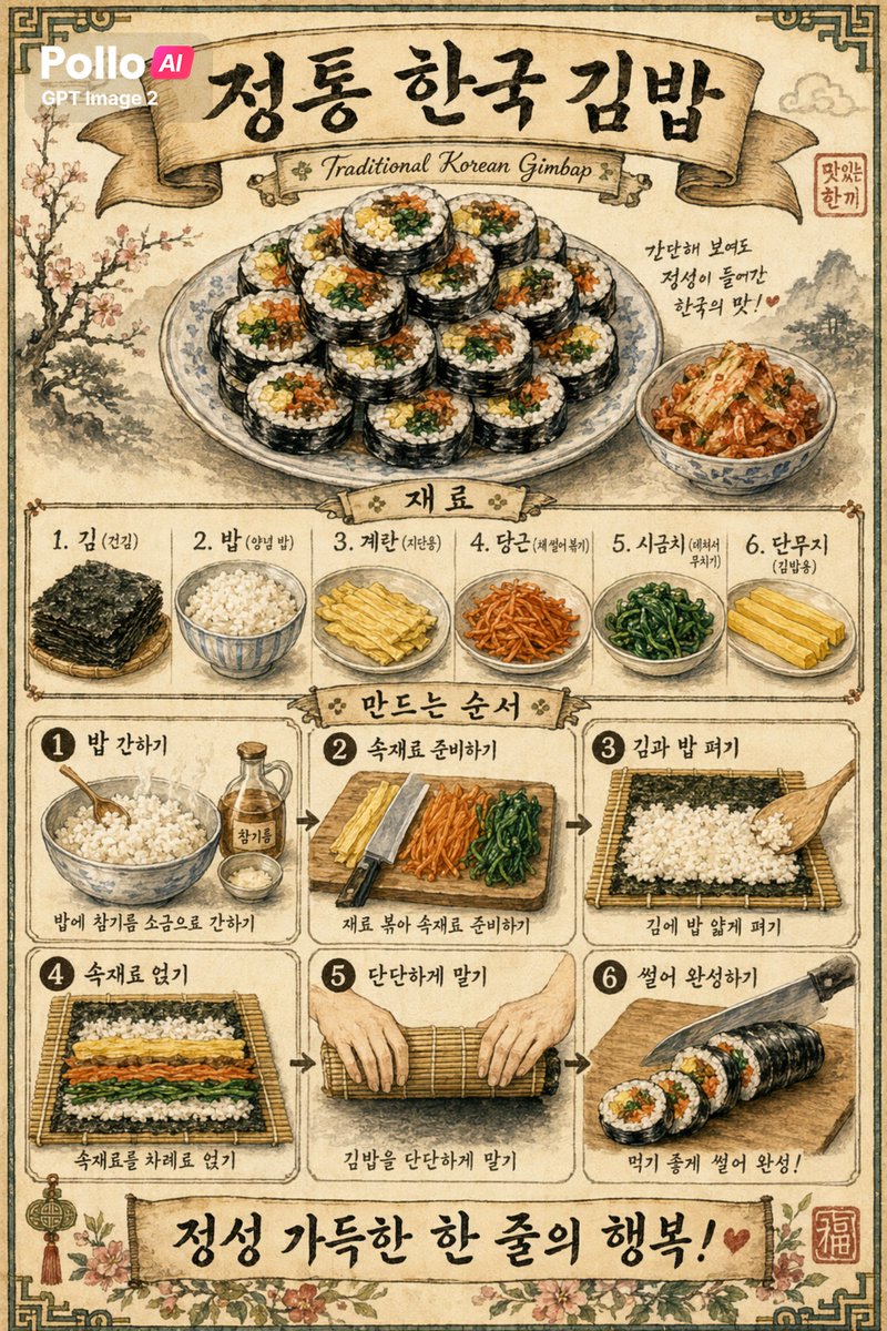 复古风韩式紫菜包饭食谱海报