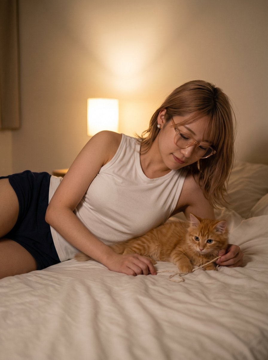 舒适睡前时光:女子与橘猫