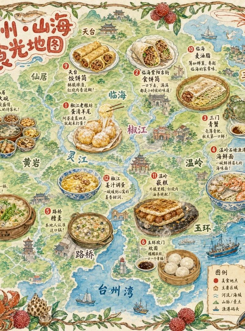 一张手绘风格的城市美食地图,以台州为主题
