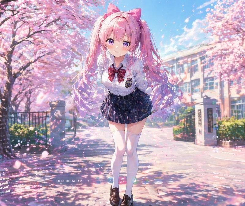 樱花树下害羞双马尾少女