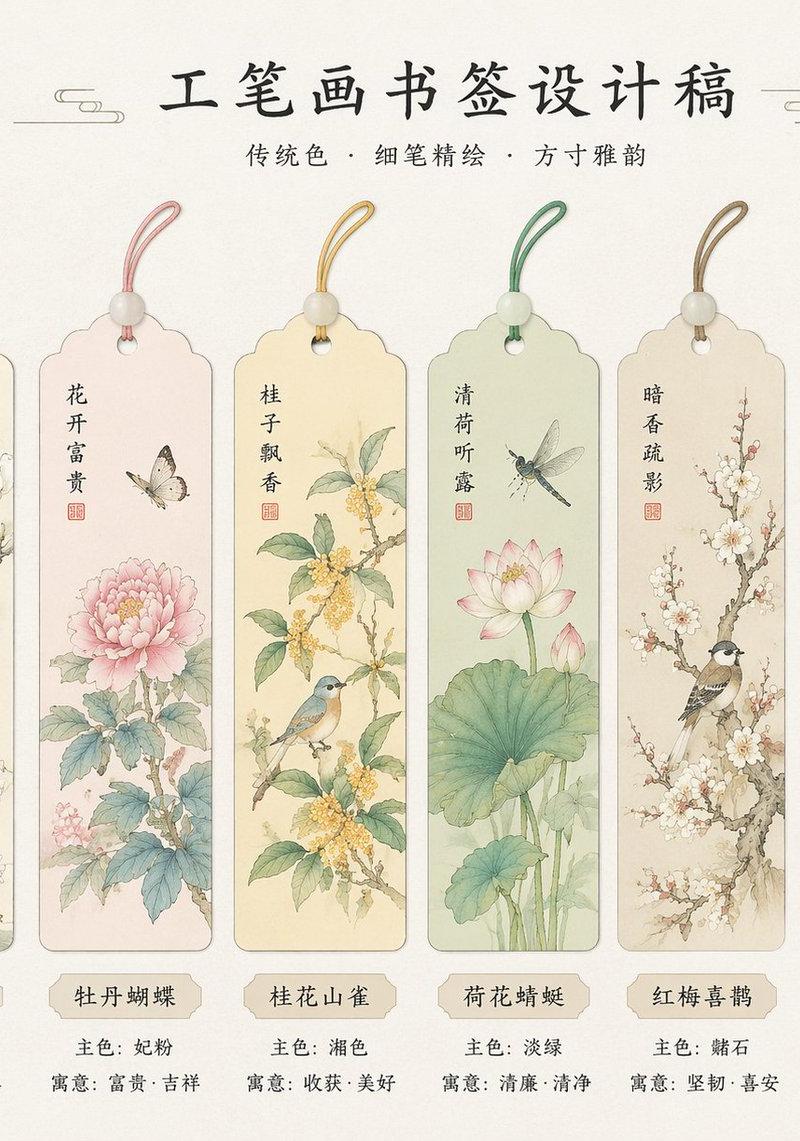 绝美国风工笔画书签设计