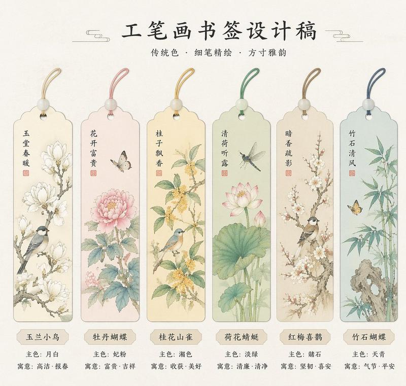 绝美国风工笔画书签设计