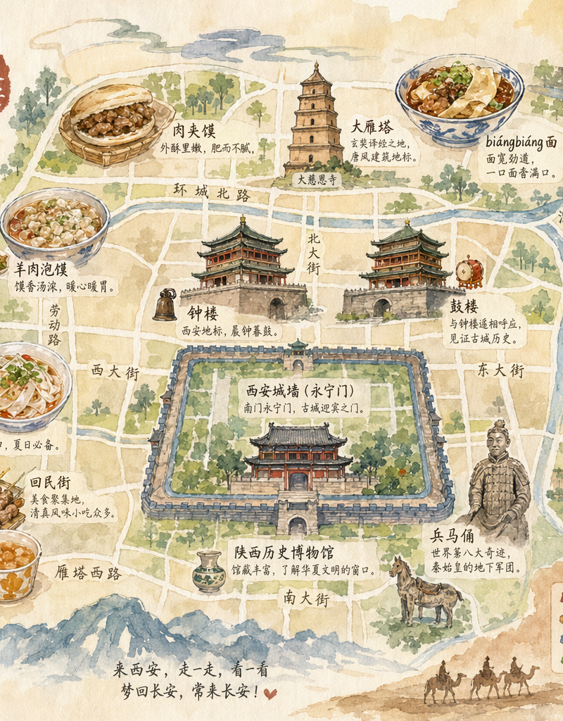 西安手绘水彩城市地图