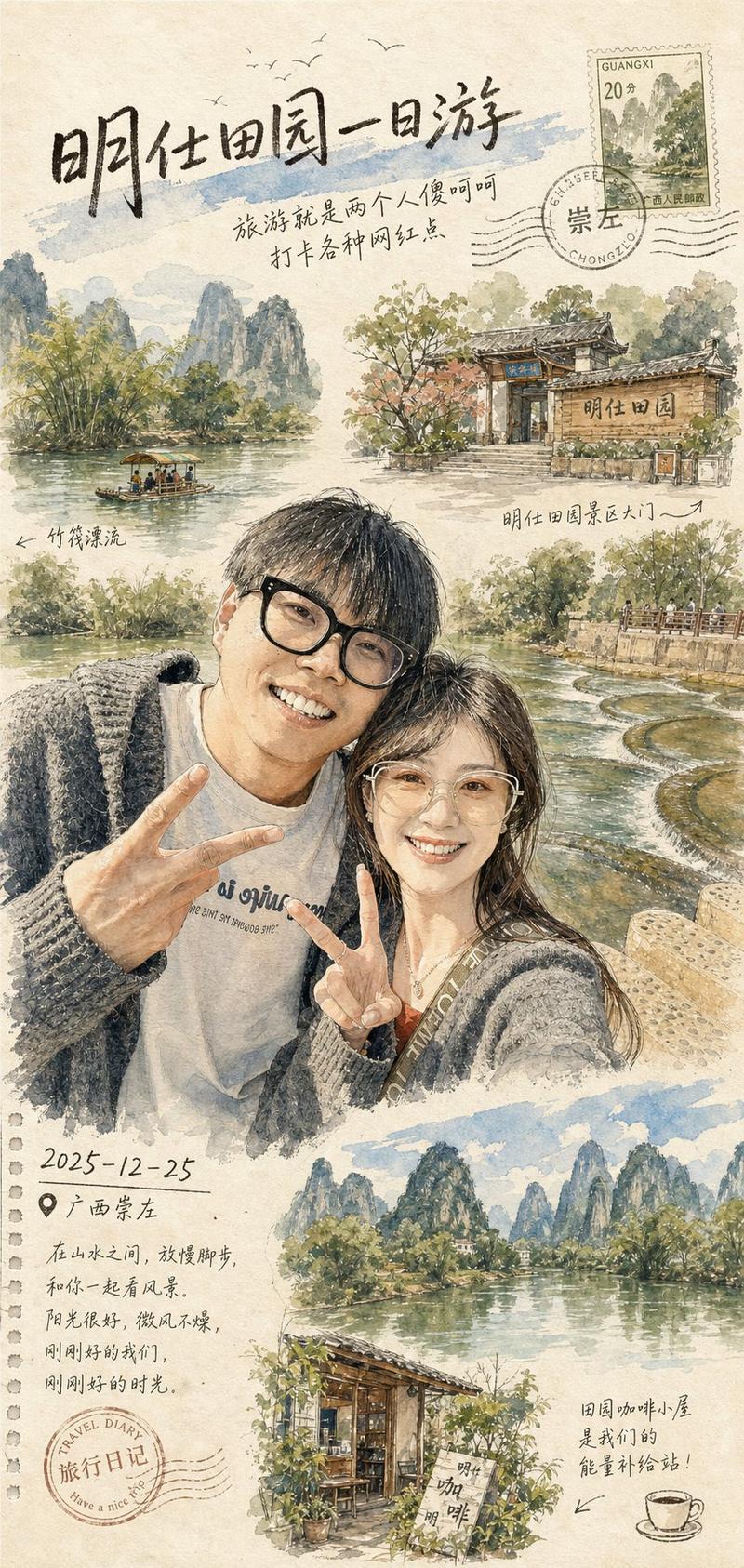 旅游照水墨明信片