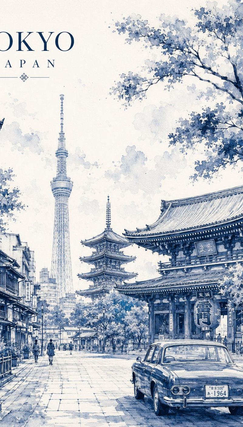 单色水彩城市旅行海报