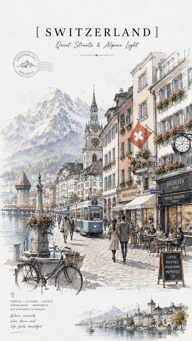 Switzerland Watercolor Travel Poster