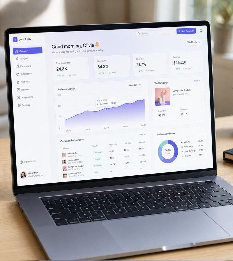 A hyper-realistic UI/UX mockup displayed on a slim modern laptop placed on a ...