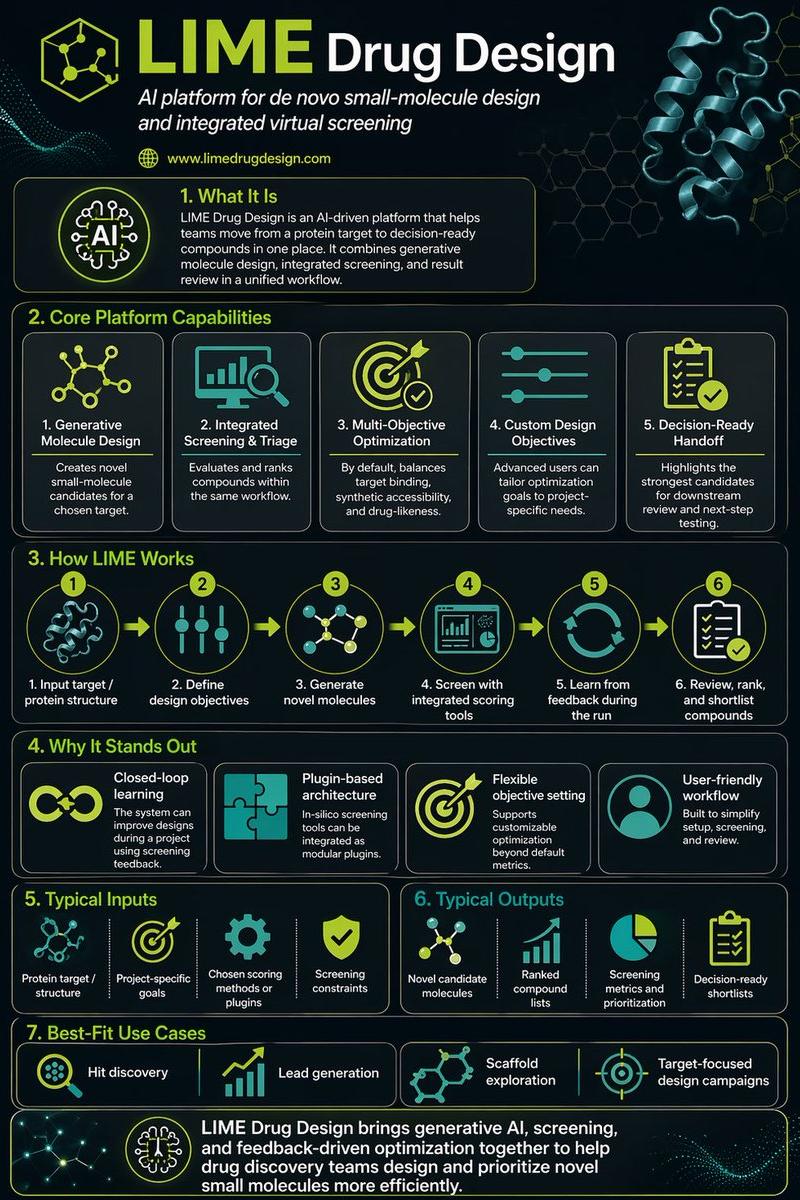 Research LIME Drug Design and make a detailed infographic about it