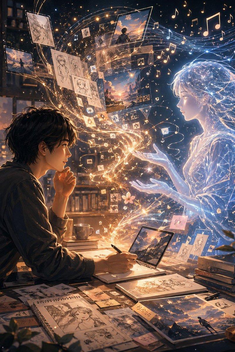 Artist and Ethereal Muse at Night