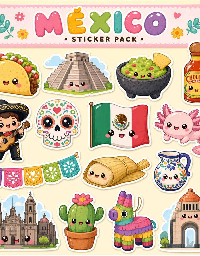 Kawaii sticker pack: Mexico icons