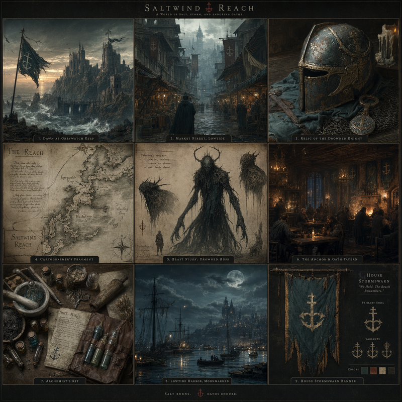 Nine-panel dark-fantasy worldbuilding set