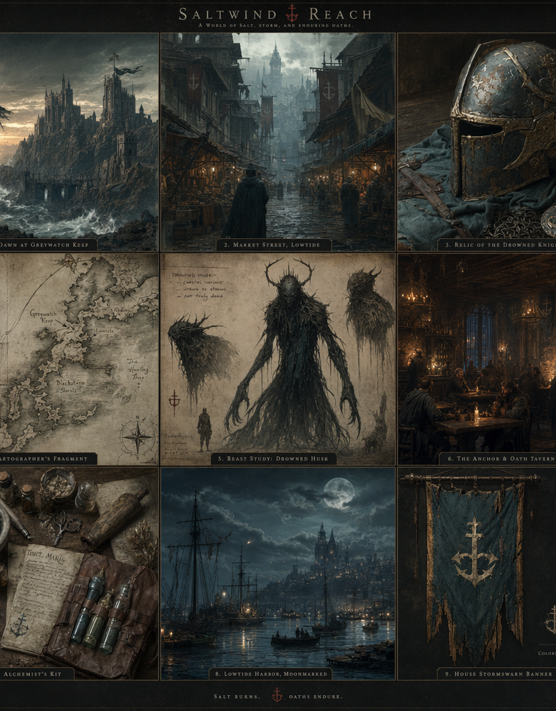 Nine-panel dark-fantasy worldbuilding set