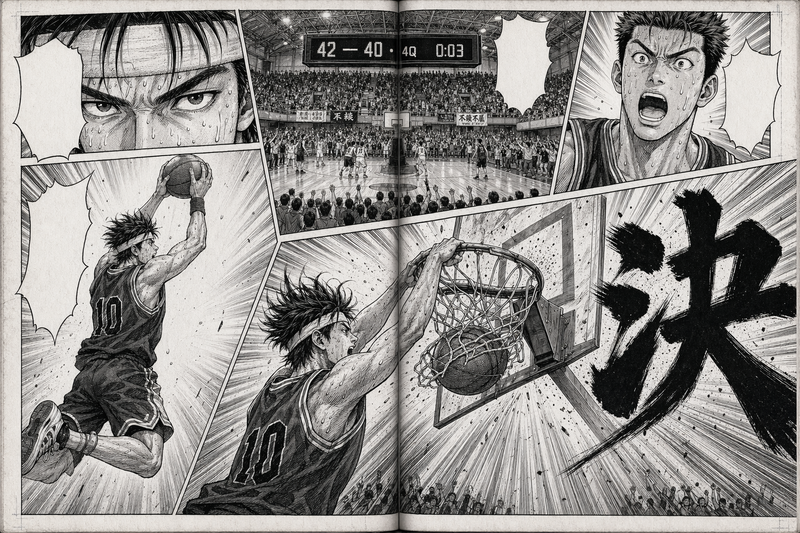 Shōnen manga two-page spread (basketball slam dunk)