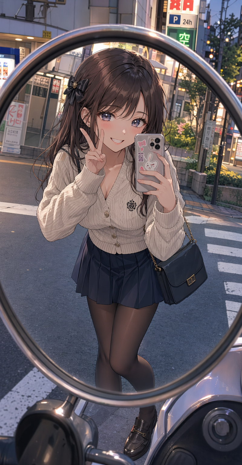 Roadside mirror anime fashion selfie