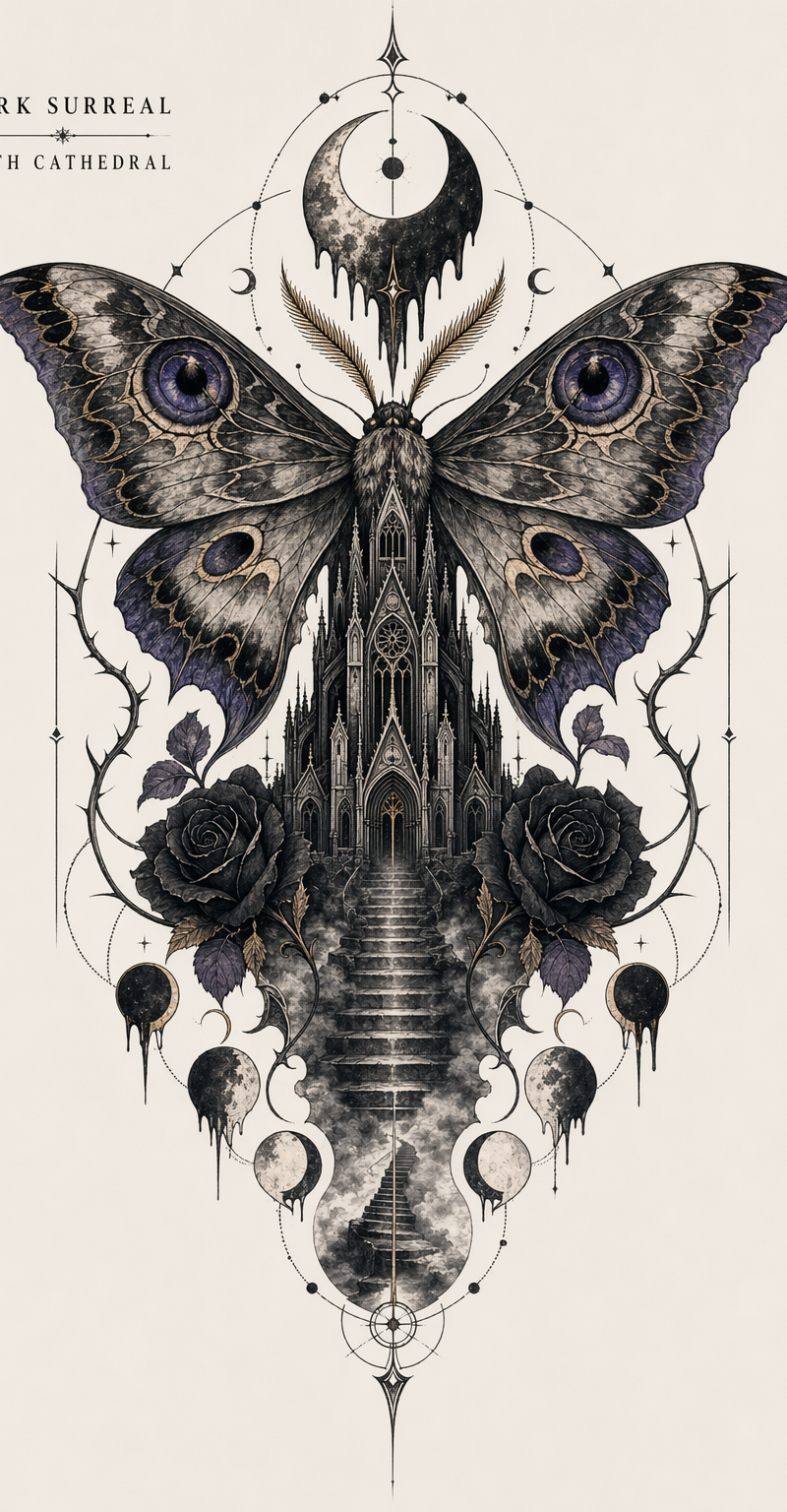 Dark surrealist moth cathedral