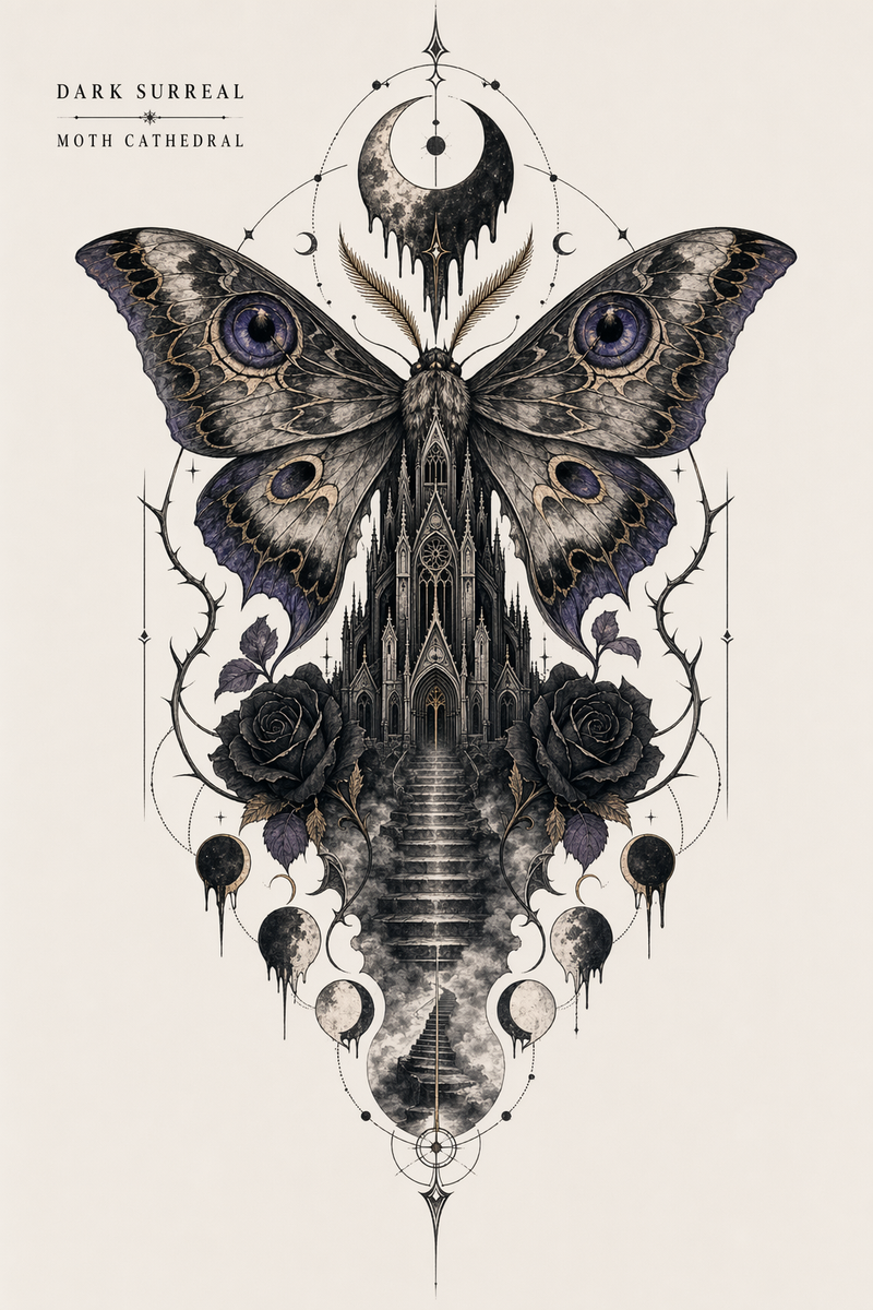 Dark surrealist moth cathedral