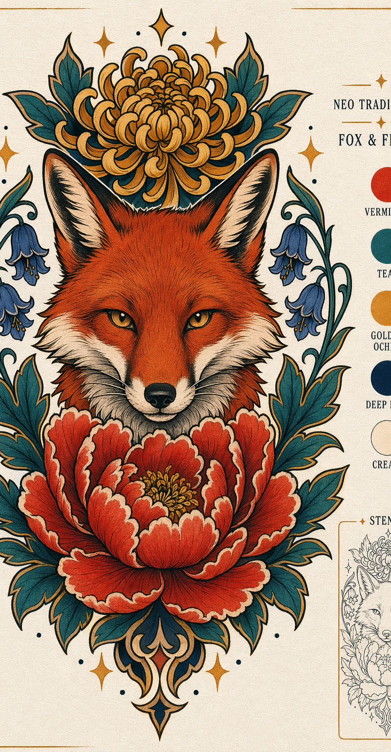 Color neo-traditional fox and flora