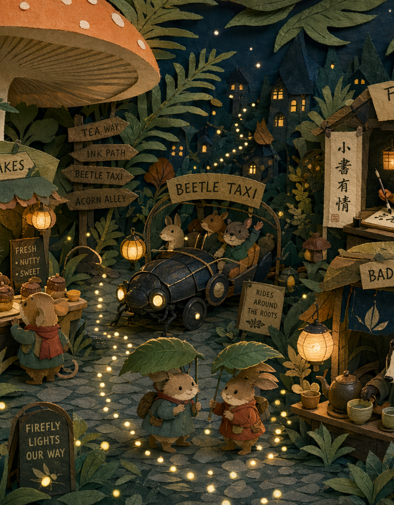 Paper-cut forest night market