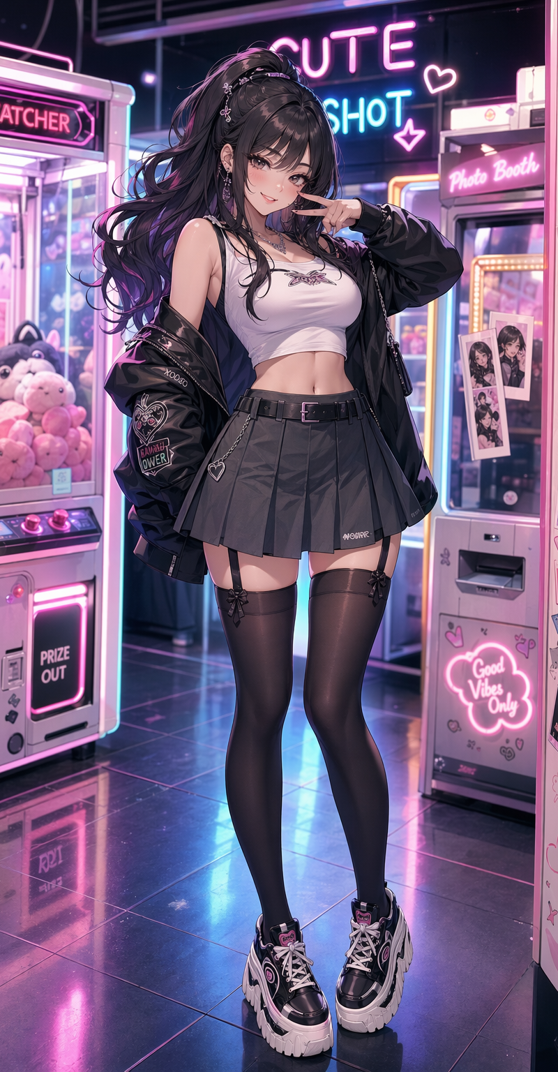 Neon arcade anime fashion portrait