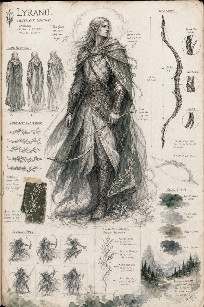 Elven archer sketchbook concept sheet