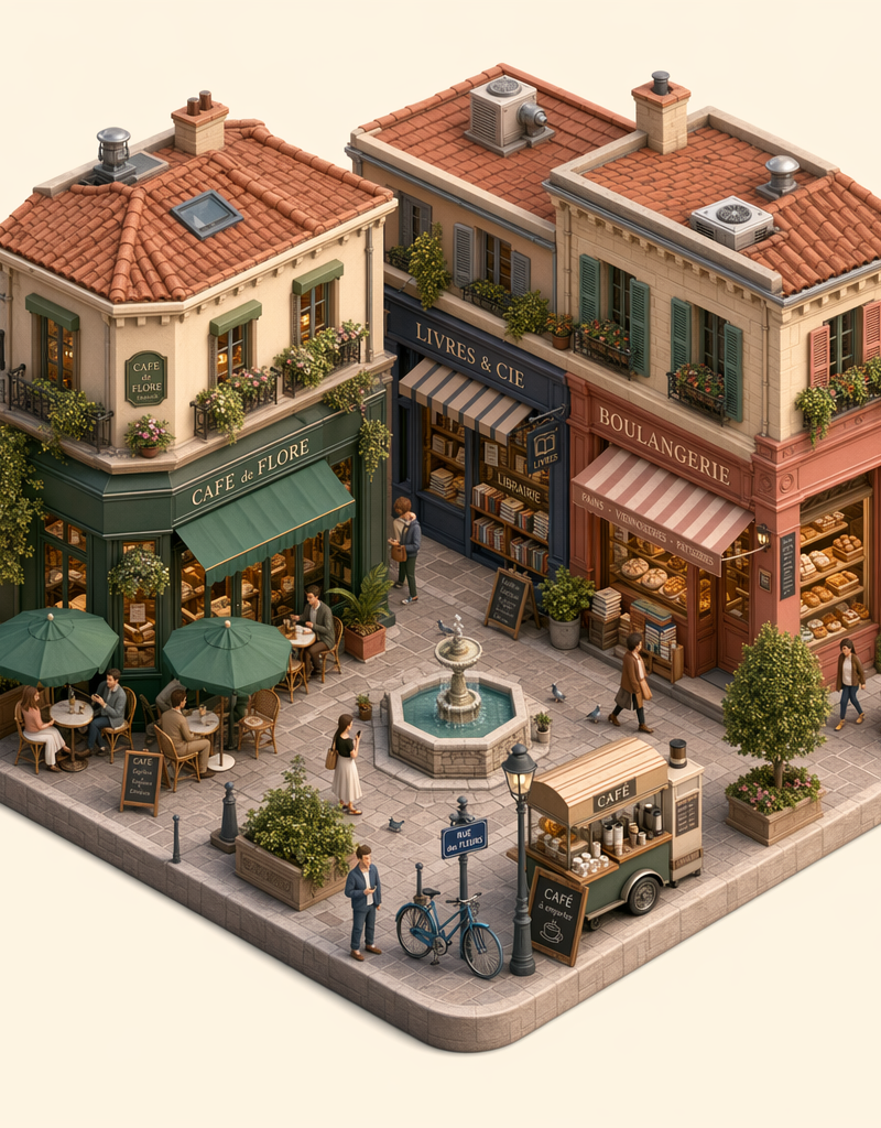 Isometric miniature cafe district