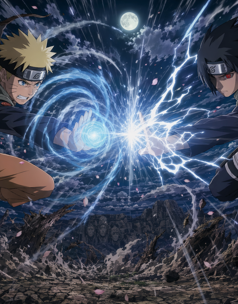 Shōnen battle key-visual (Naruto-Shippuden aesthetic)