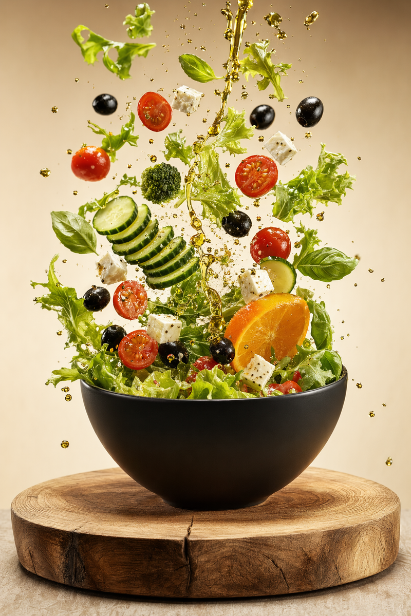 Salad-explosion food photography (JSON-style)