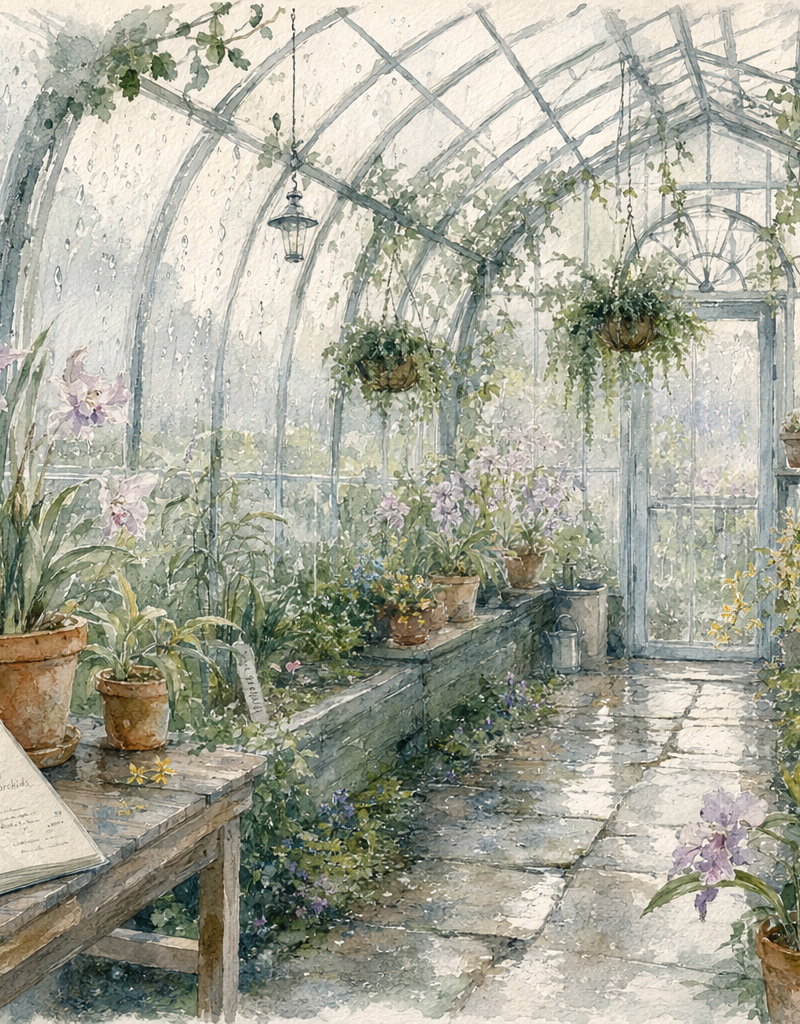 Rainy botanical greenhouse watercolor