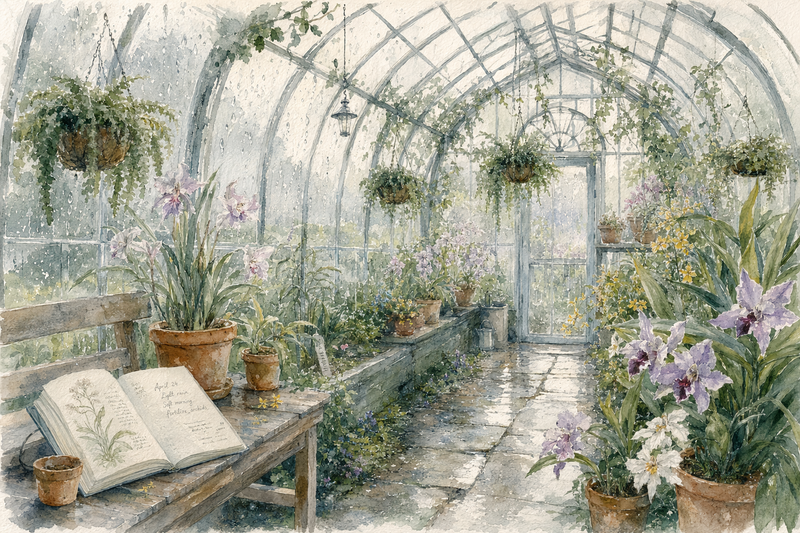 Rainy botanical greenhouse watercolor