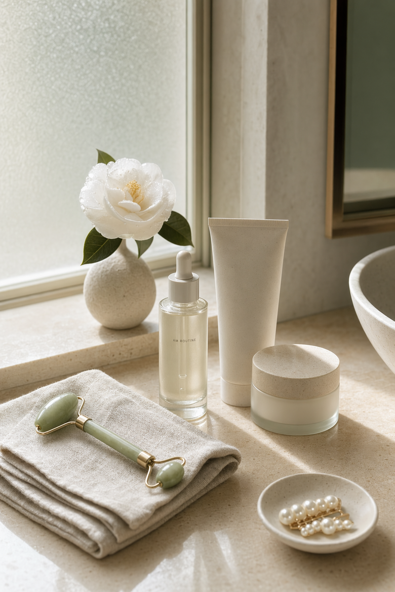 Quiet-luxury skincare morning tray