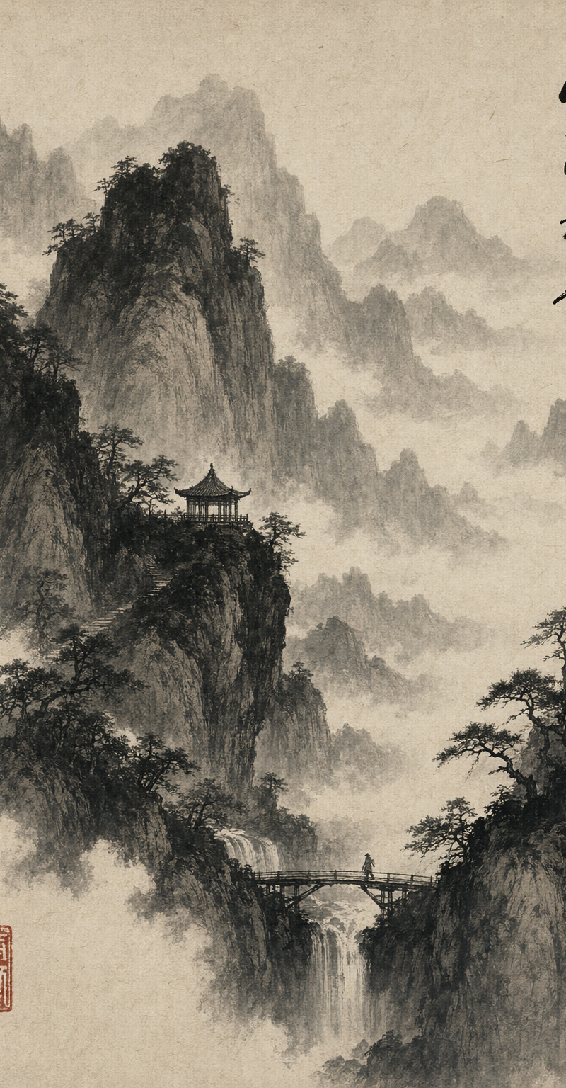 Chinese ink-wash mountain landscape