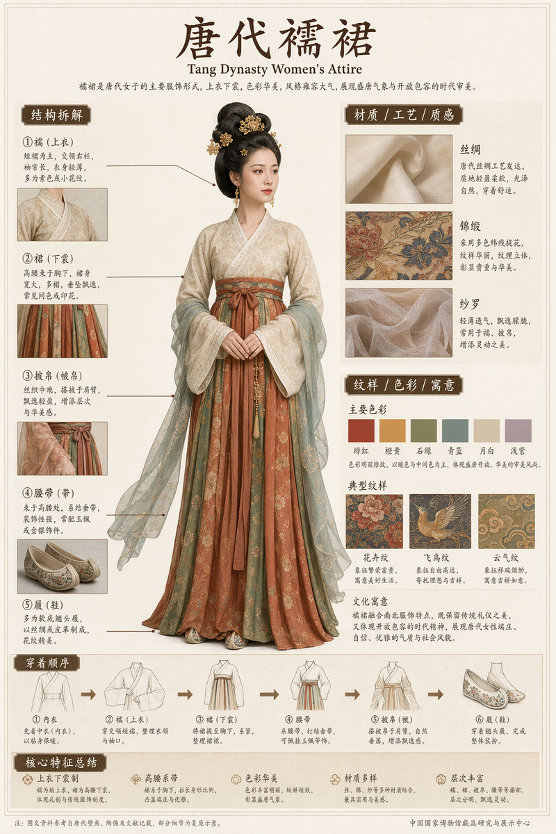 Museum catalog disassembly infographic (唐代襦裙)