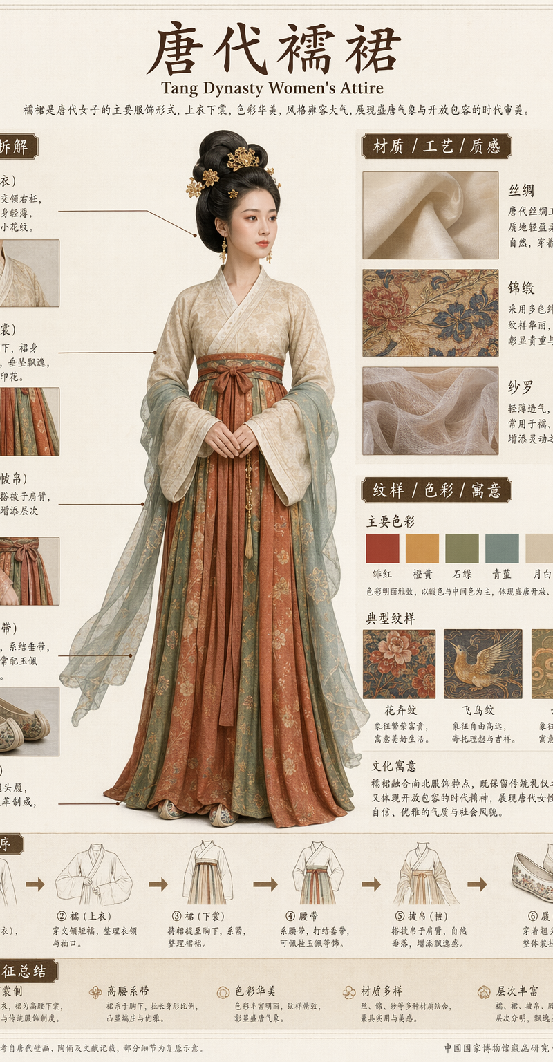 Museum catalog disassembly infographic (唐代襦裙)