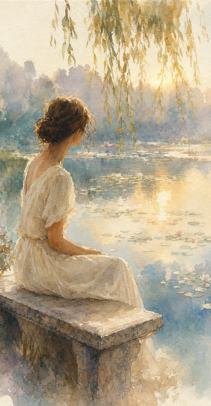 Dreamy watercolor — young woman at lily pond