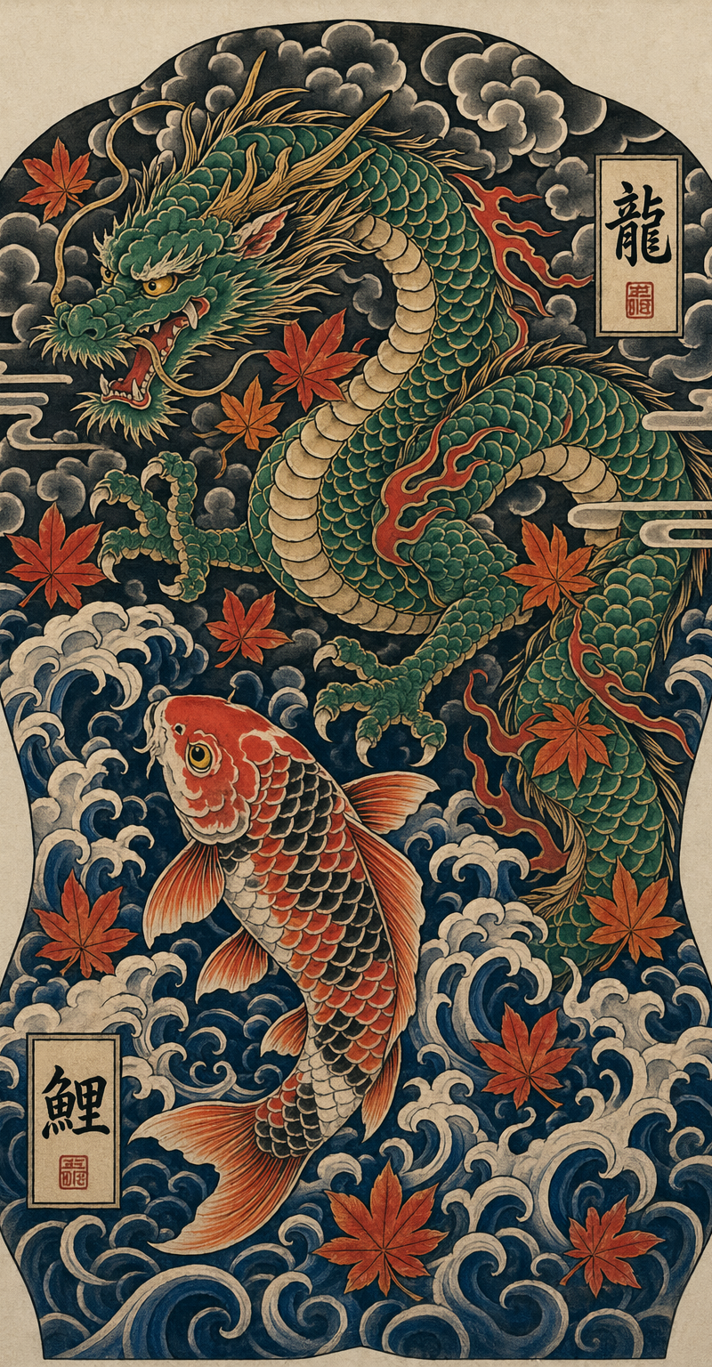 Japanese traditional dragon and koi back piece