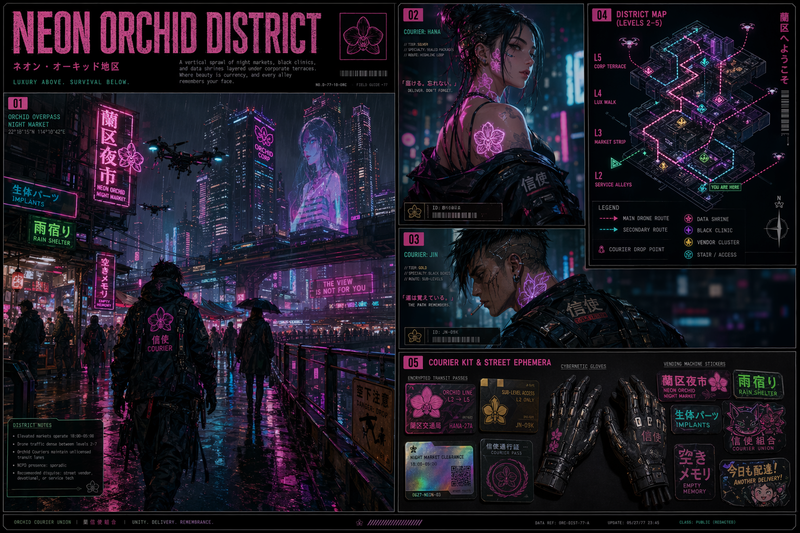 Neon Orchid District design board