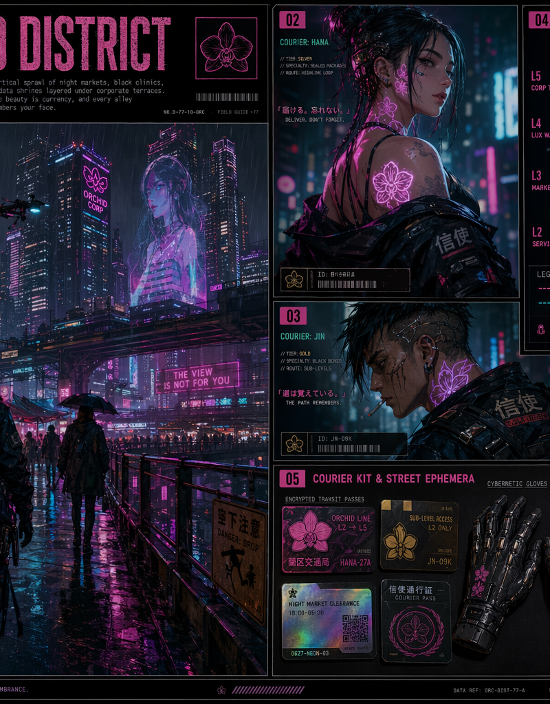 Neon Orchid District design board
