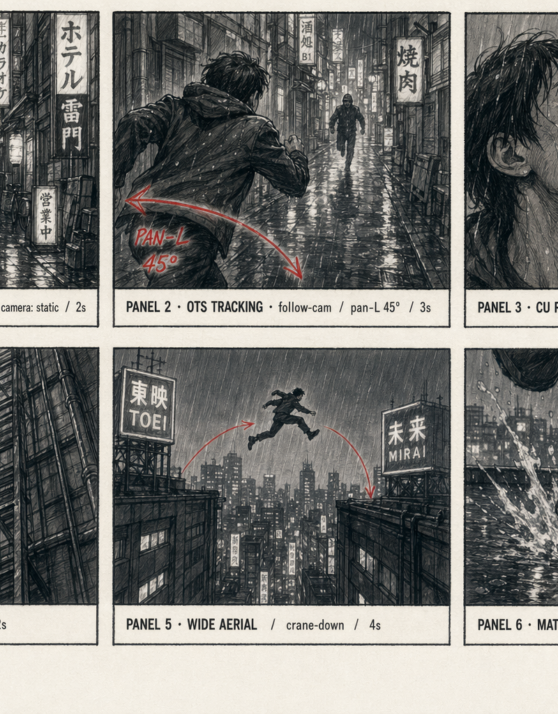 Professional 6-panel film storyboard