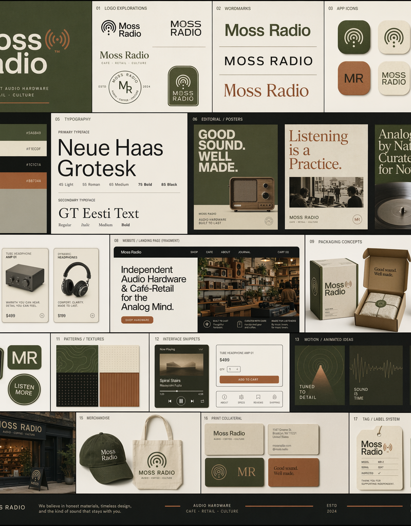 Moss Radio brand identity showcase board