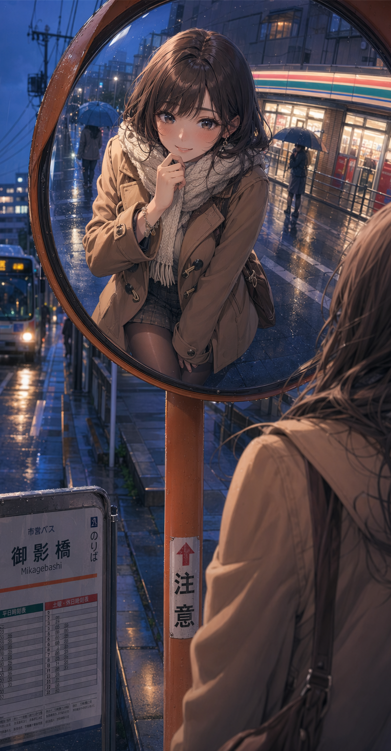 Rainy bus-stop mirror anime portrait